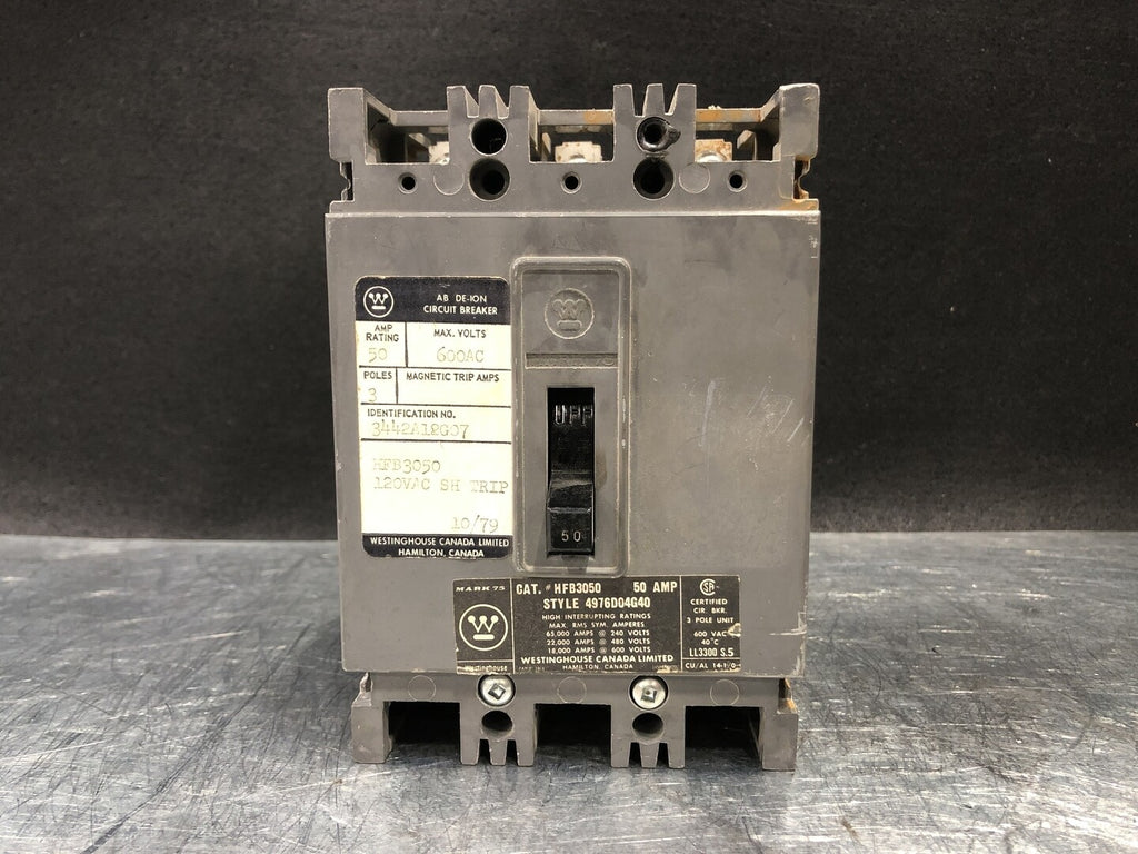 WESTINGHOUSE 50 Amp, 3 Pole, 600 Volts Circuit Breaker HFB3050