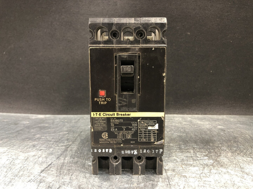 ITE 70 Amp, 3 Pole, 600 Volts Circuit Breaker E63B070