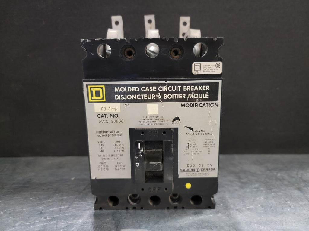 SQUARE D 50 Amp, 3 Pole, 600 Volts Circuit Breaker FAL36050
