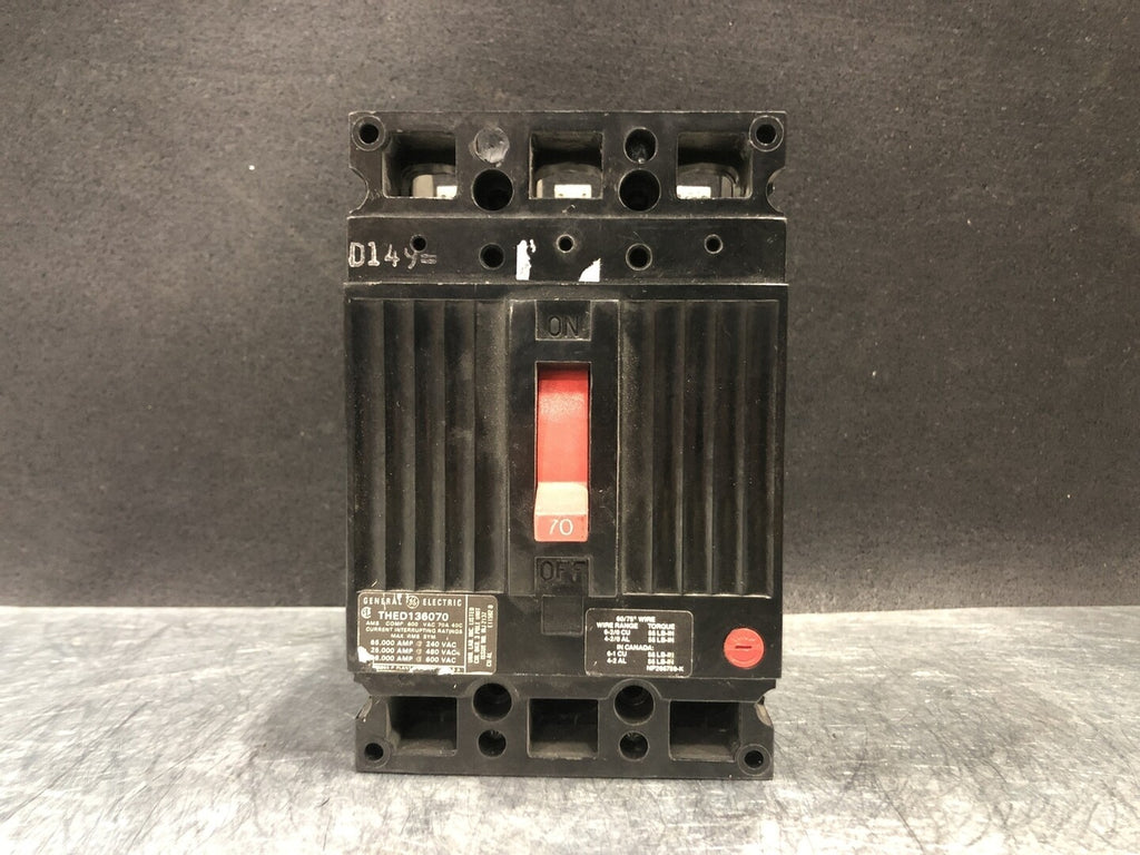 GENERAL ELECTRIC 70 Amp, 3 Pole, 600 Volts Circuit Breaker THED136070