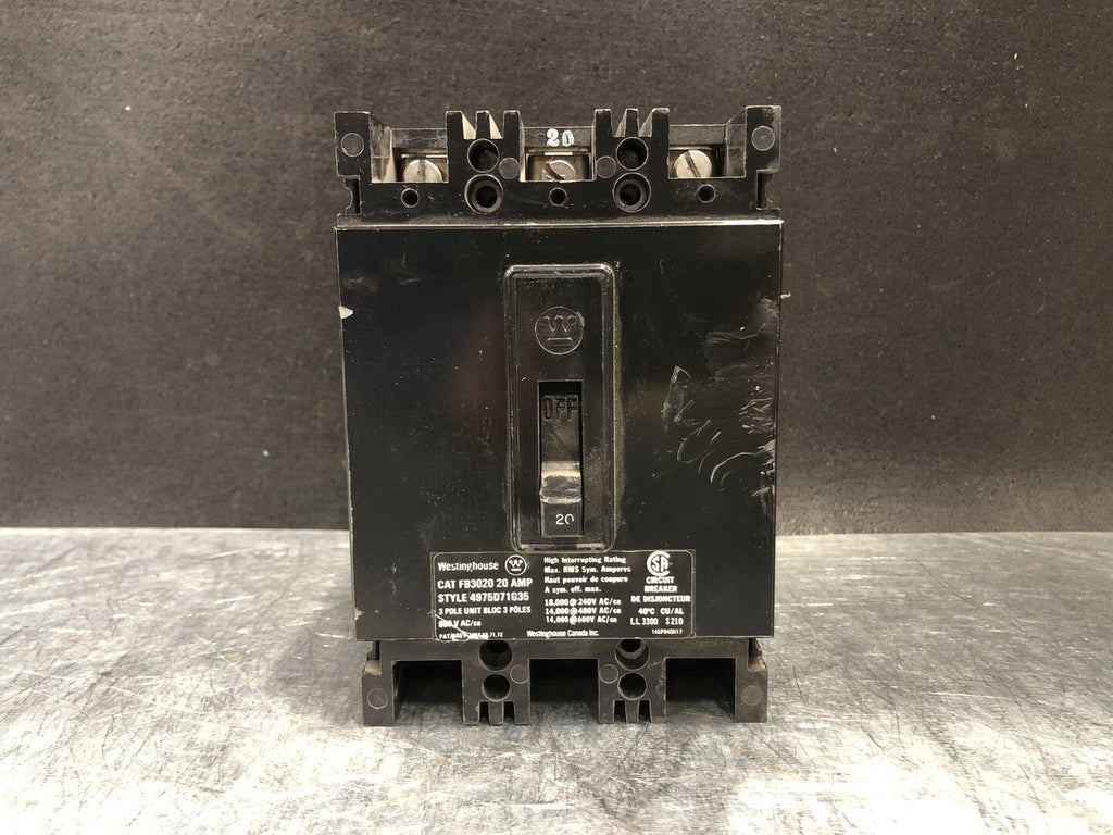 WESTINGHOUSE 20 Amp, 3 Pole, 600 Volts Circuit Breaker FB3020