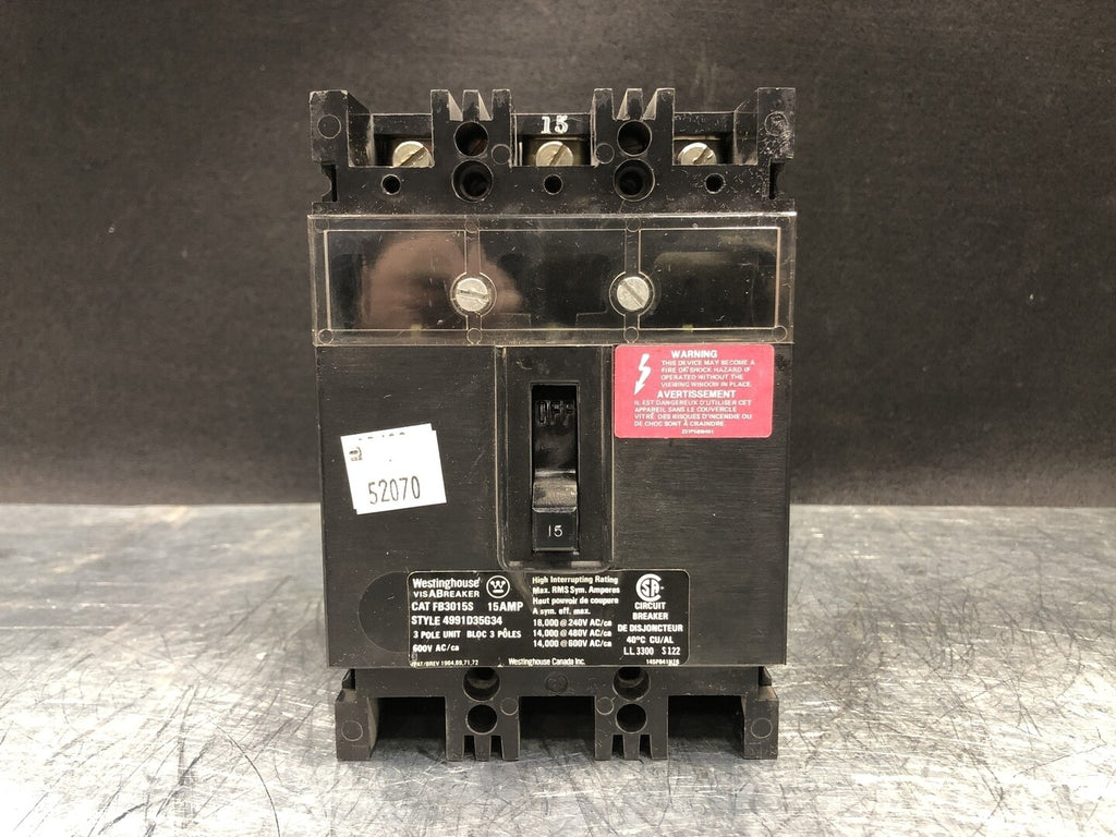 WESTINGHOUSE 15 Amp, 3 Pole, 600 volts Circuit Breaker FB3015S