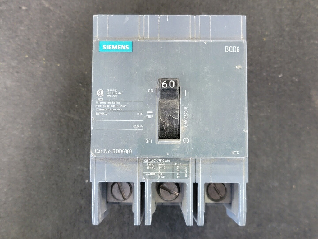 SIEMENS 60 Amp, 3 Pole, 600/347 Volts Circuit Breaker BQD6360