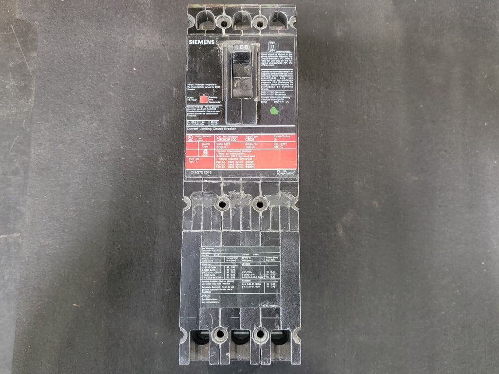 SIEMENS 100 Amp, 3 Pole, 600 Volts Circuit Breaker CED63B100