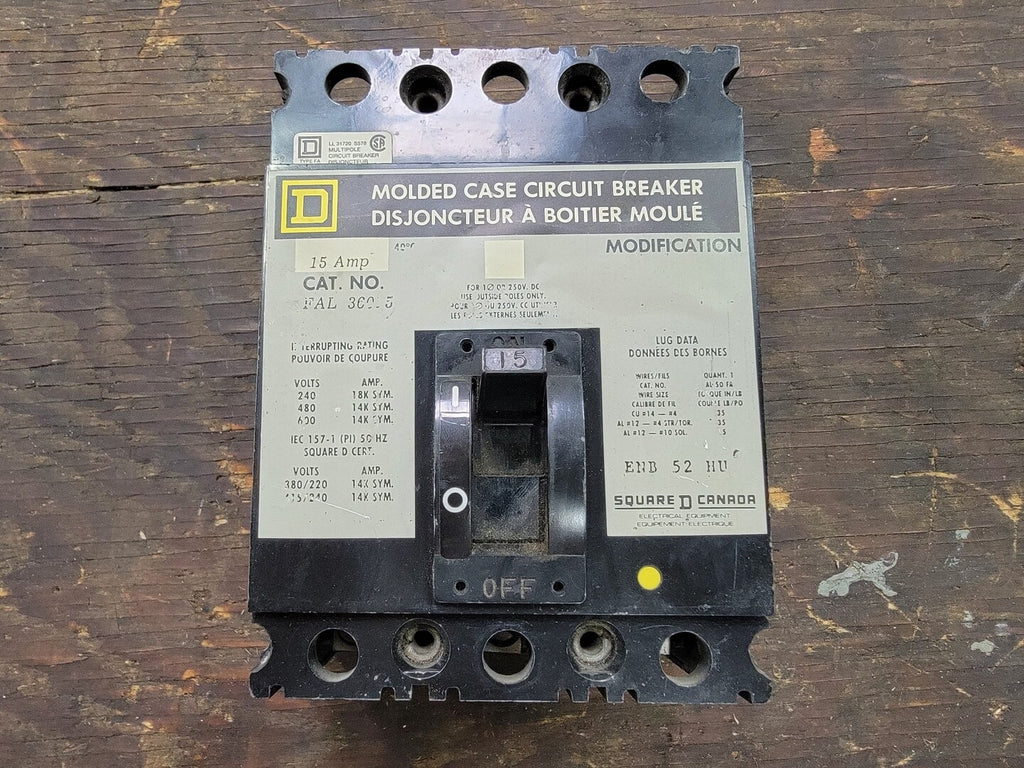 SQUARE D 15 Amp, 3 Pole, 600 volts Circuit Breaker FAL36015