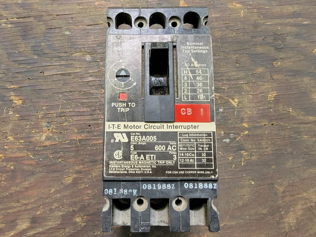 SIEMENS 5 Amp, 3 Pole, 600 volts Circuit Breaker E63A005