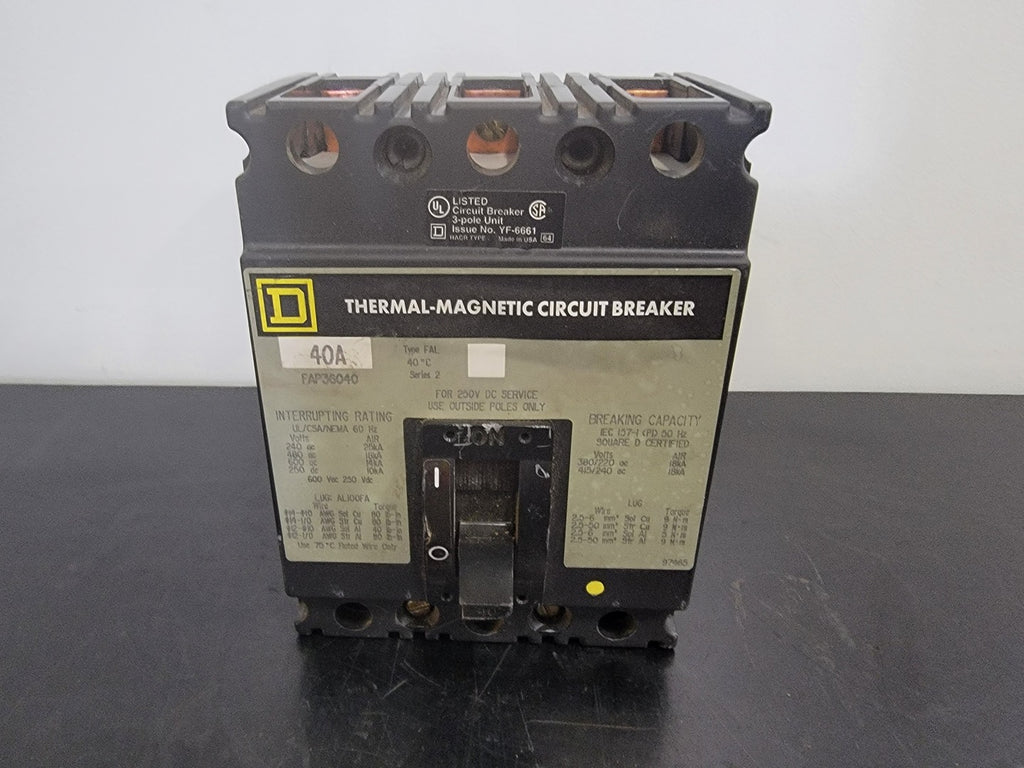 SQUARE D 40 Amp, 3 Pole, 600 Volts Circuit Breaker FAP36040