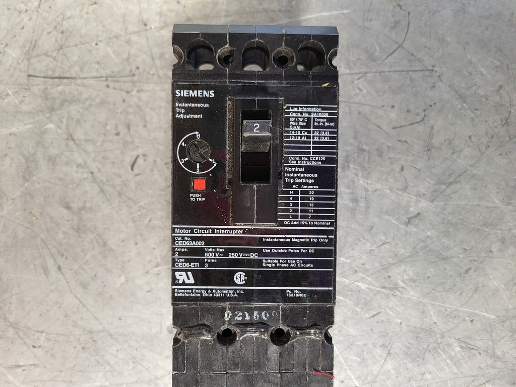 SIEMENS 2 Amp, 3 Pole, 600 volts Circuit Breaker CED63A002