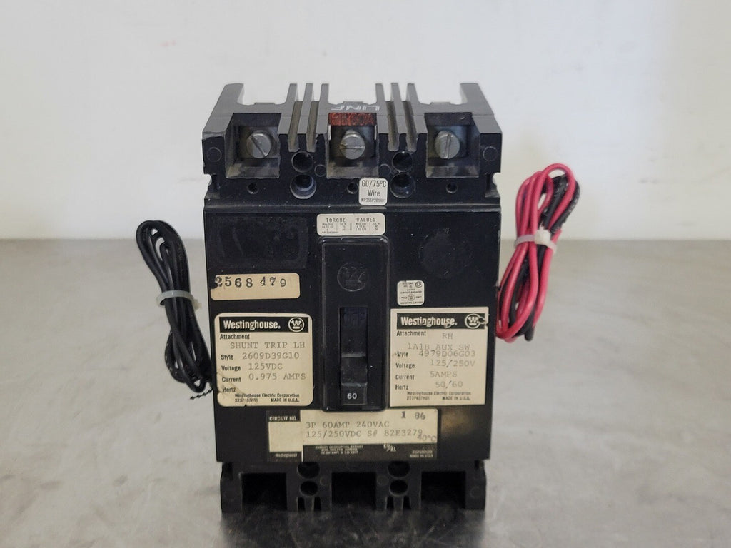 WESTINGHOUSE 60 Amp, 3 Pole, 240 volts Circuit Breaker w/ Shunt Trip Aux. Switch