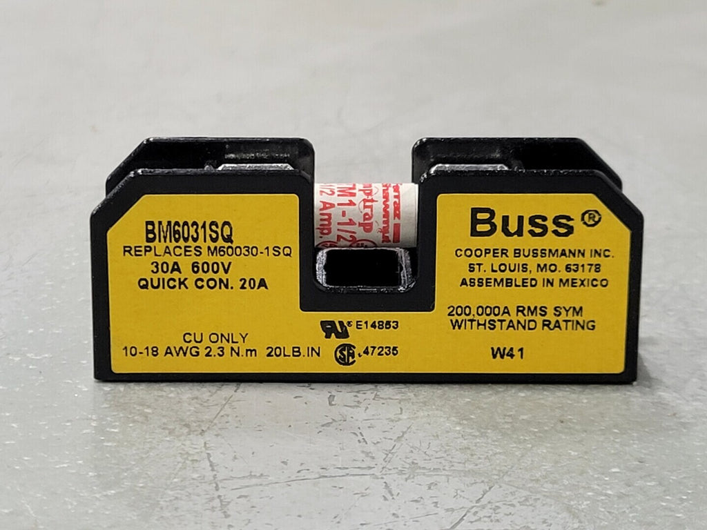 COOPER BUSSMAN INC. 30 Amp 1 Pole Fuse Block BM6031SQ w/ 1-1/2 Amp Fuse 
