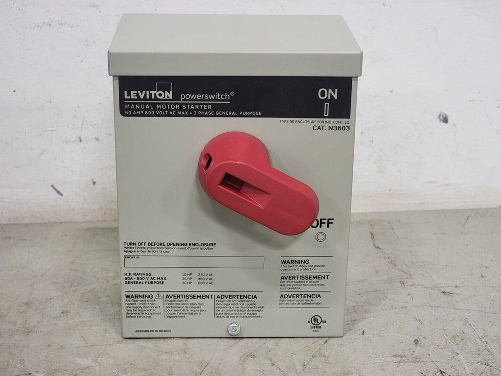 LEVITON 60 Amp, 600 Volts, 3-Ph Manual Motor Starter N3603