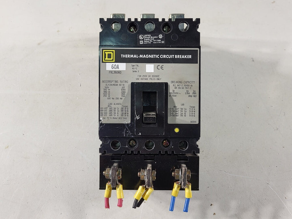 SQUARE D 60 Amp, 3 Pole, 600 volts Circuit Breaker FHL36060 w/ Current Limiter 9999 CLM3
