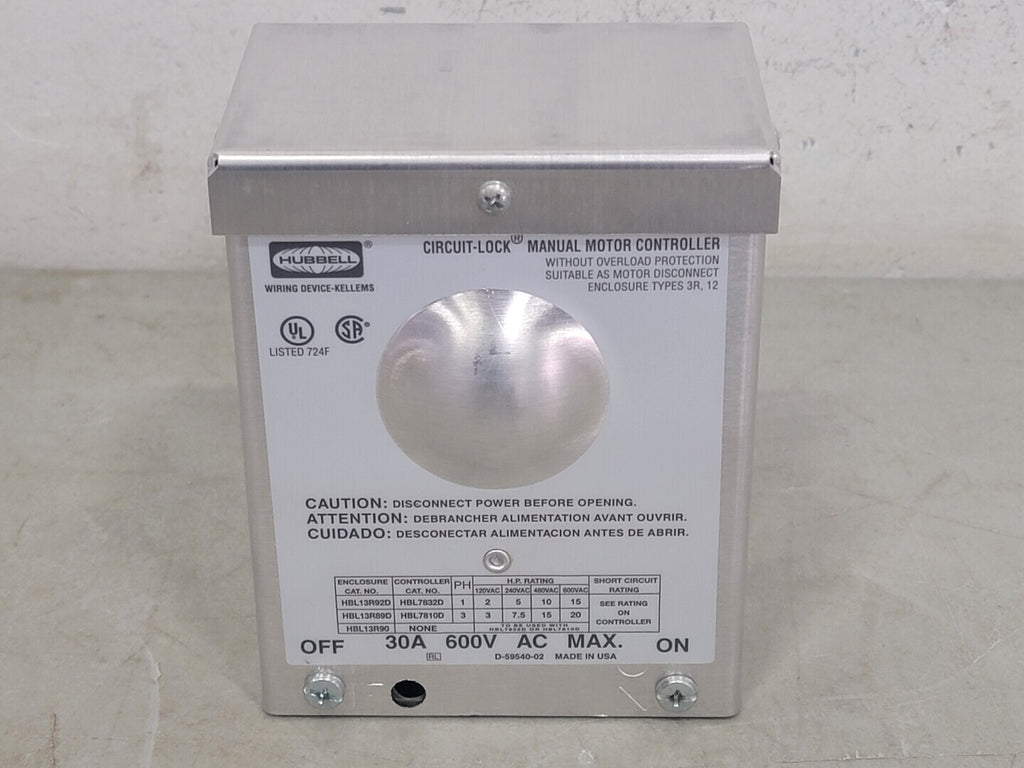 HUBBELL 30 Amp 3 Pole Non-Fusible Manual Motor Disconnect HBL13R89D