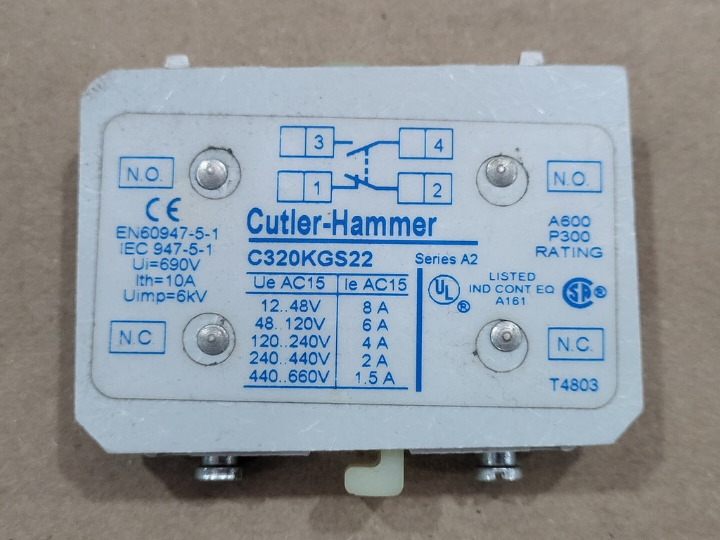 CUTLER-HAMMER 10 Amp, NEMA 5, 1 NO+ 1NC, 600 VAC Coil Auxiliary Contact C320KGS22