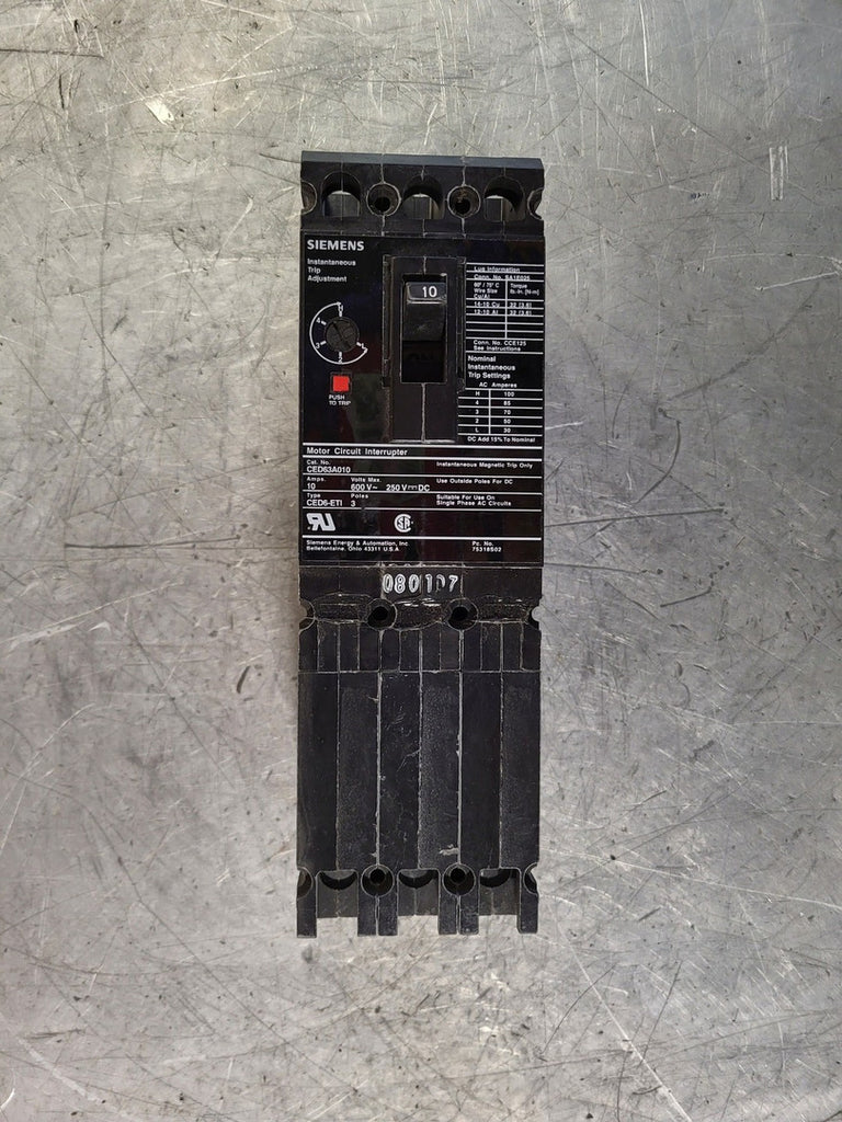 SIEMENS 10 Amp, 3 Pole, 600 volts Circuit Breaker CED63A010