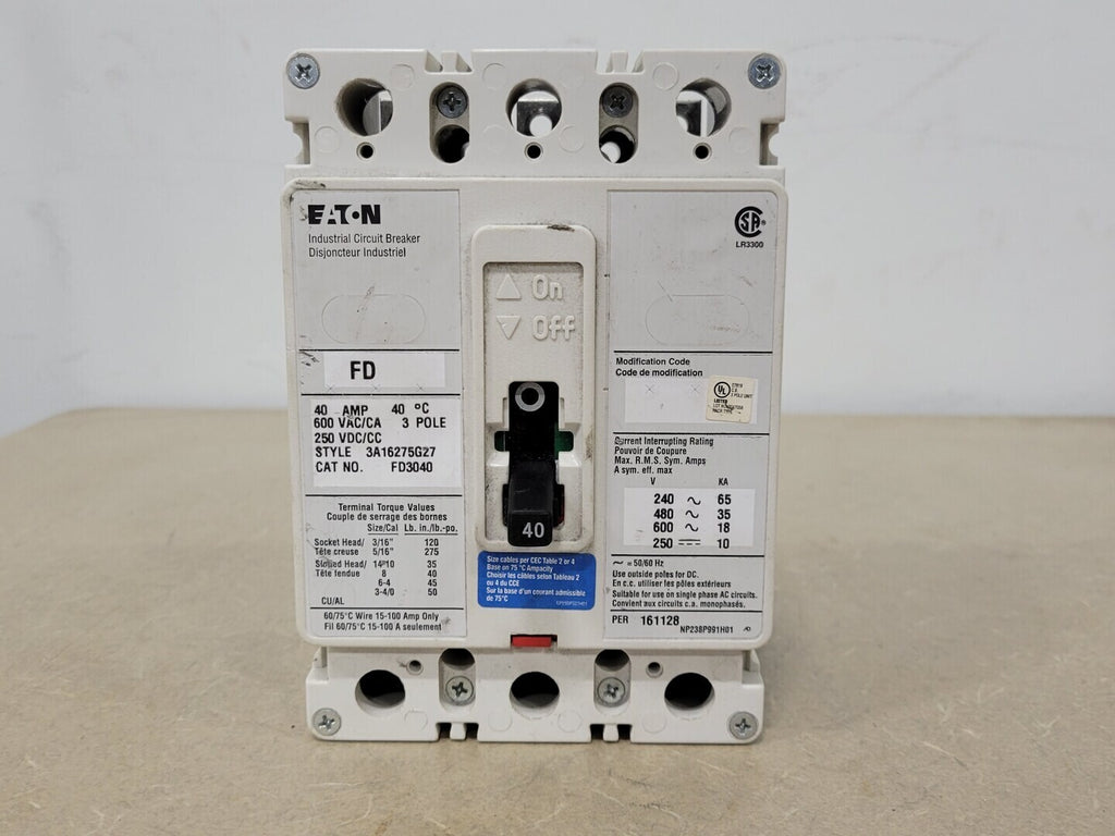 EATON 40 Amp, 3 Pole, 600 volts Circuit Breaker FD3040