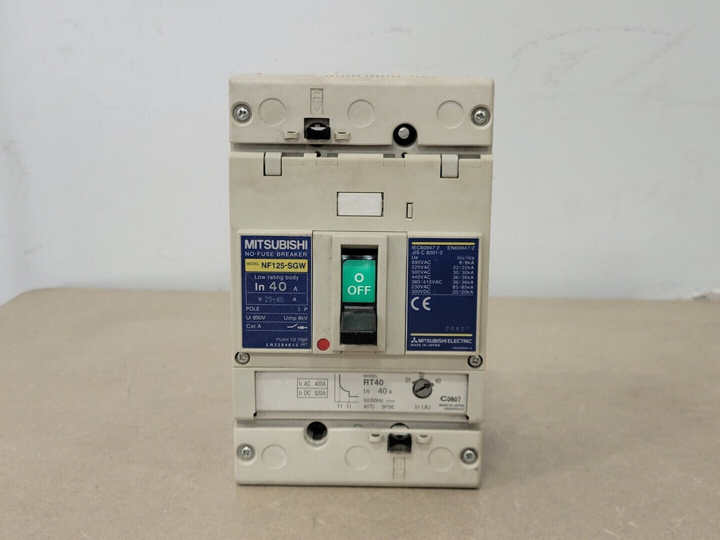 MITSUBISHI 40 Amp, 3 Pole, 690V Circuit Breaker NF125-SGW w/ Trip Unit RT40