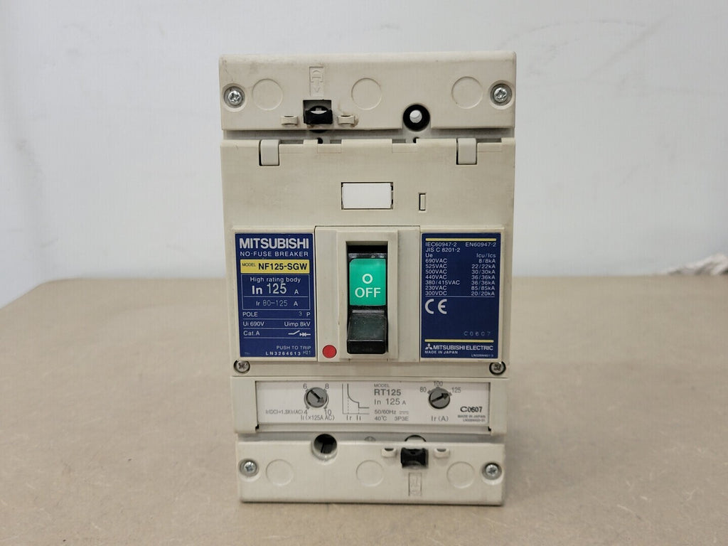 MITSUBISHI 125 Amp, 3 Pole, 690V Circuit Breaker NF125-SGW w/ Trip Unit RT125 