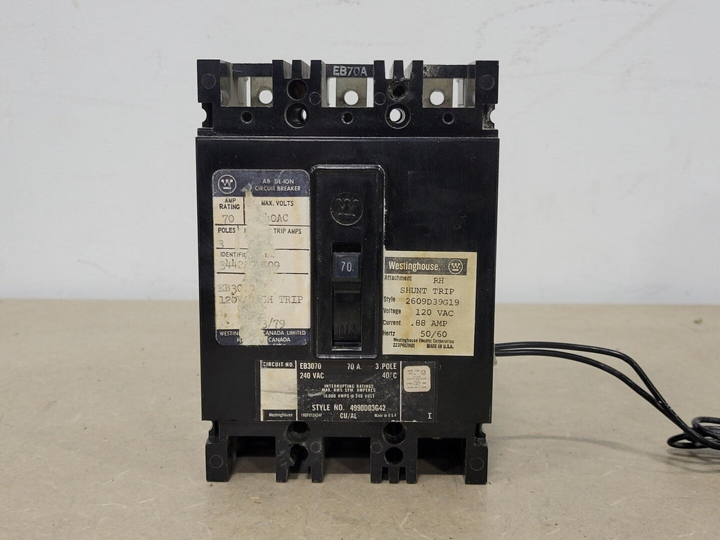 WESTINGHOUSE 70 Amp, 3 Pole, 240 Volts Circuit Breaker EB3070 w/ Trip Unit