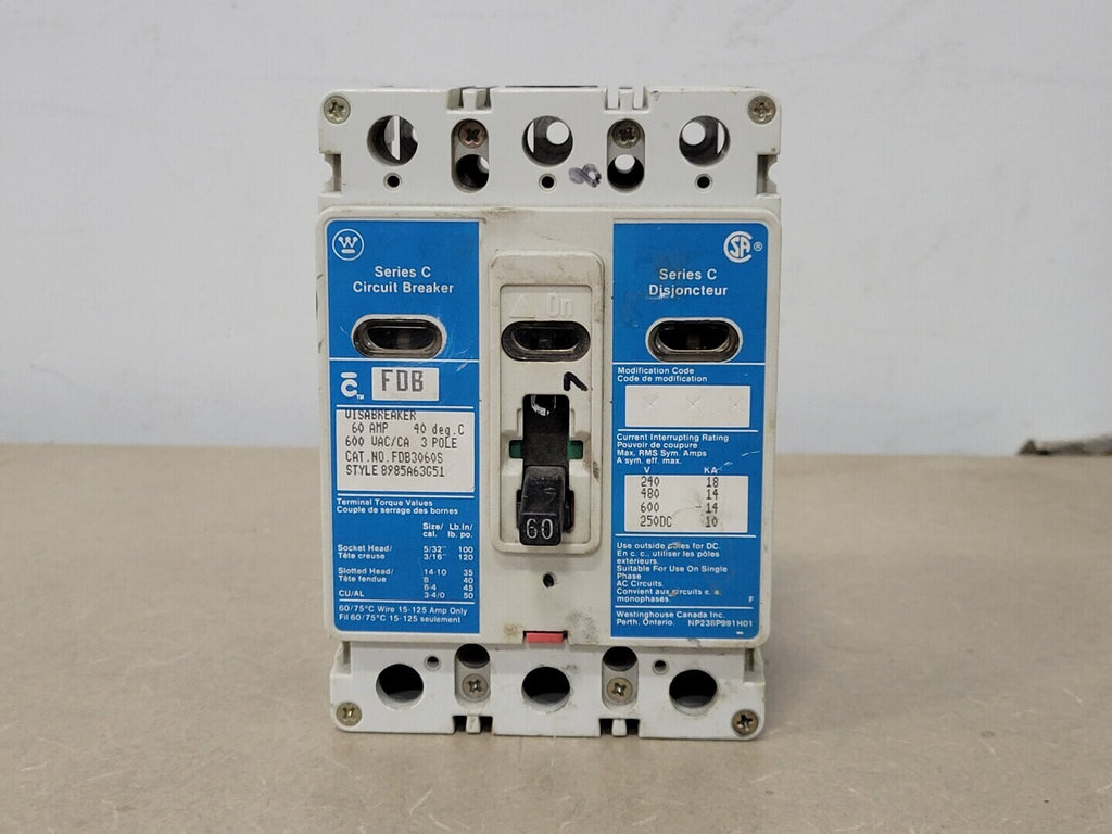 WESTINGHOUSE 60Amp 3Poles 600VAC Circuit Breaker FDB3060S