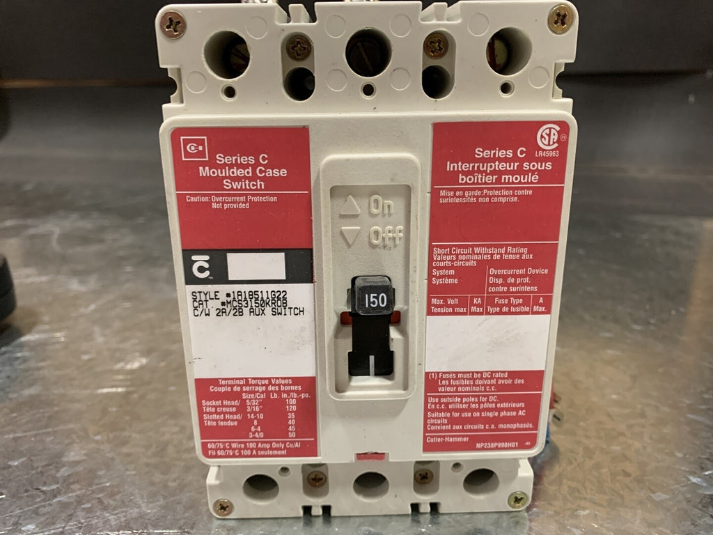 WESTINGHOUSE 150A, 3P, 600V Circuit Breaker MCS3150KROB W/ 2A/2B Auxiliary Switch