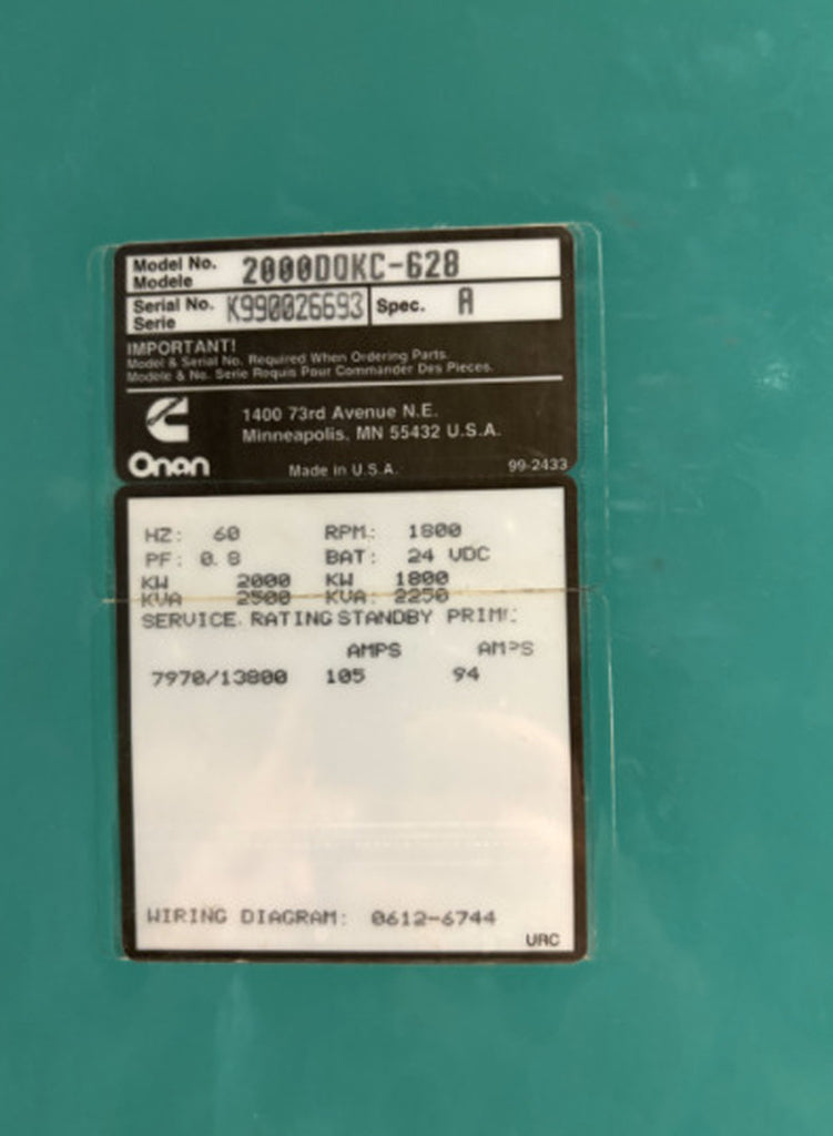 CUMMINS 2500 kVA, 2000 kW, 13800 Volts Generator 2000DQKC-628