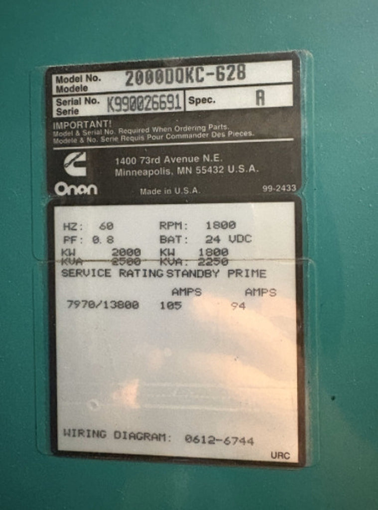 CUMMINS 2500 kVA, 2000 kW, 13800 Volts Generator 2000DQKC-628