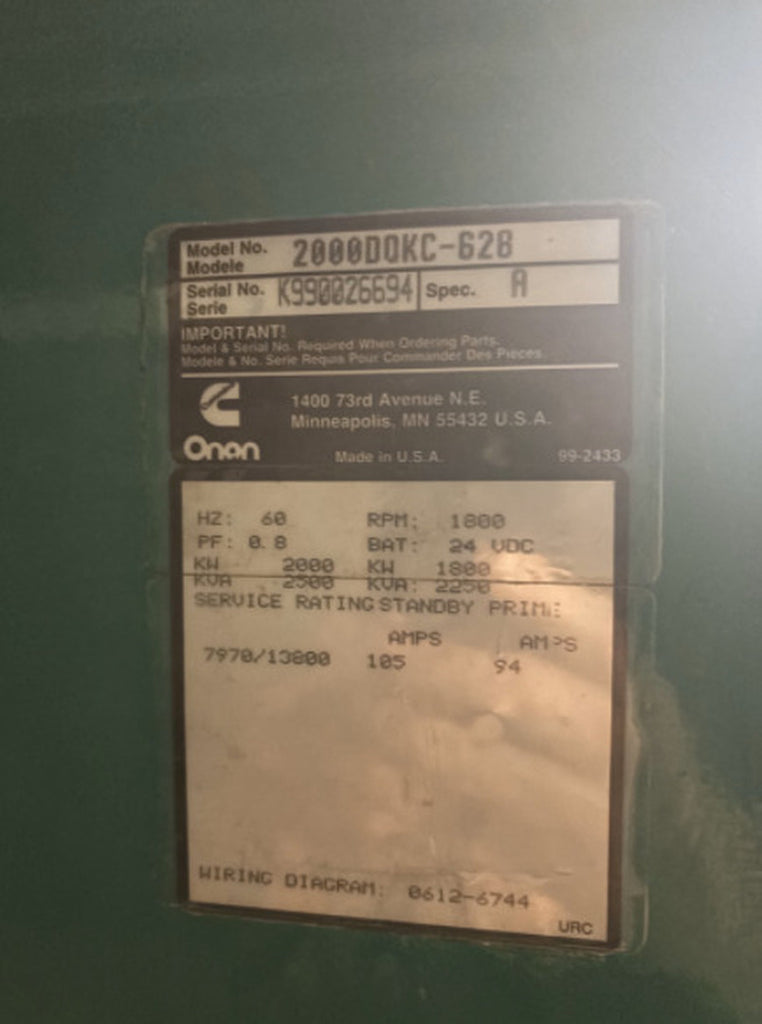 CUMMINS 2500 kVA, 2000 kW, 13800 Volts Generator 2000DQKC-628