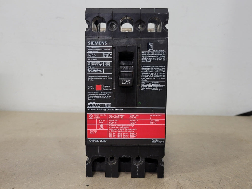 SIEMENS 125 Amp, 3 Pole, 600 Volt Circuit Breaker CED63B125