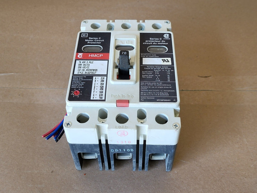 CUTLER-HAMMER 70 Amp, 3 Pole, 600 Volts Circuit Breaker HMCP070M2S