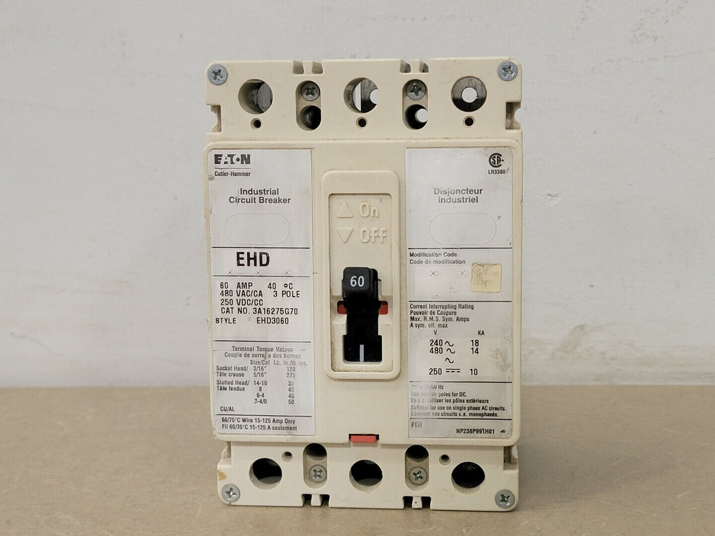 EATON CUTLER-HAMMER 60 Amp, 3 Pole, 480 Volts Circuit Breaker EHD3060