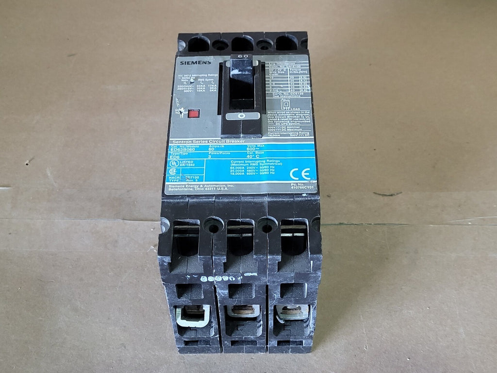 SIEMENS 60 Amp, 3 Pole, 600 Volt Circuit Breaker ED63B060