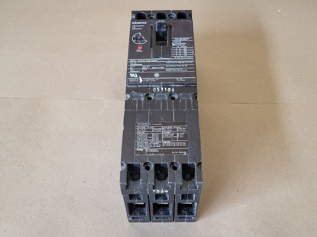 SIEMENS 40 Amp, 3 Pole, 600 Volts Circuit Breaker CED63A040