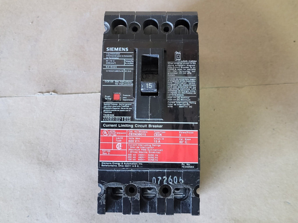 SIEMENS 15 Amp, 3 Pole, 600 Volts Circuit Breaker CED63B015