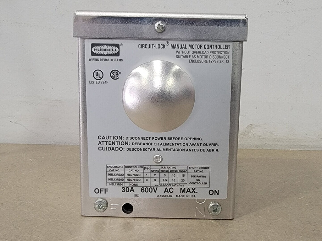 HUBBELL 30 Amp 600 Volts Manual Motor Disconnect HBL13R92D