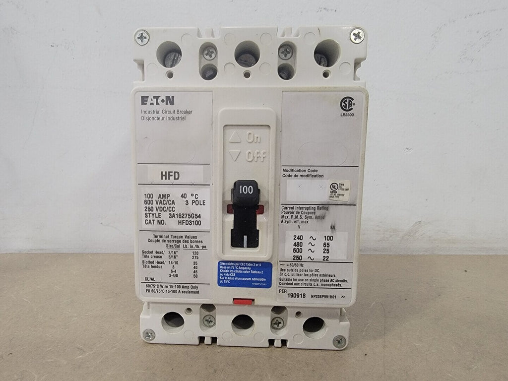 EATON 100 Amp, 3 Pole, 600 Volt Circuit Breaker HFD3100