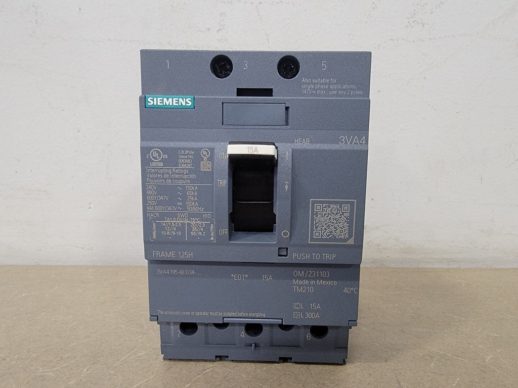 SIEMENS 15 Amp, 3 Pole, 600 Volts Circuit Breaker 3VA4195-6ED34-0AA0