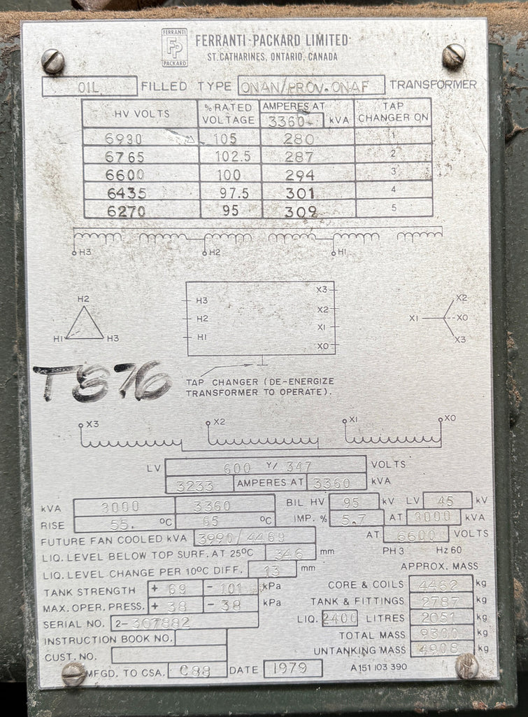 FERRANTI-PACKARD 3000 kVA Transformer, 6600 pri. volts, 600Y/347 sec. volts