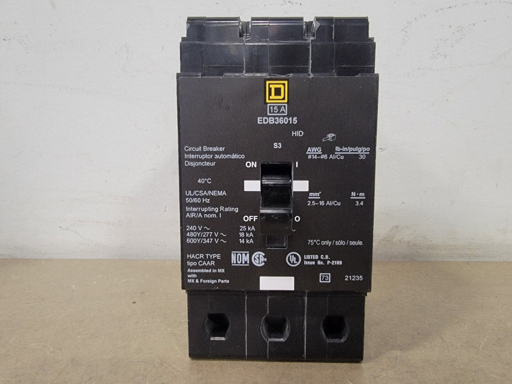 SQUARE D 15 Amp, 3 Pole, 600Y/347 Volt Circuit Breaker EDB36015