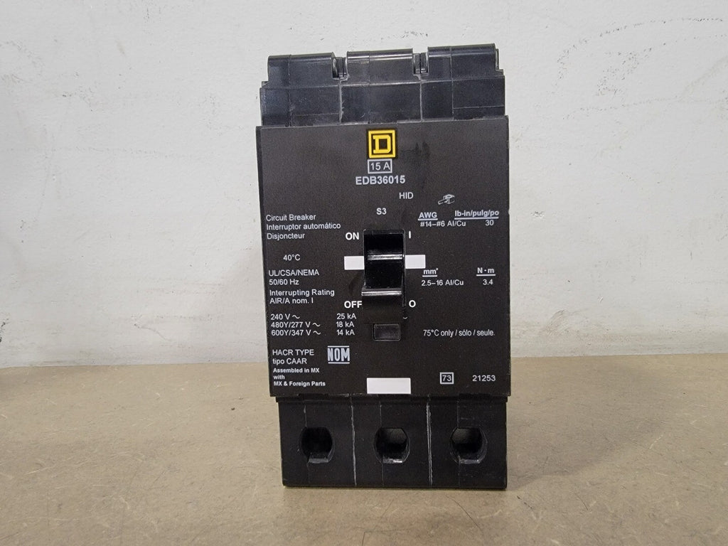 SQUARE D 15 Amp, 3 Pole, 600Y/347 Volt Circuit Breaker EDB36015