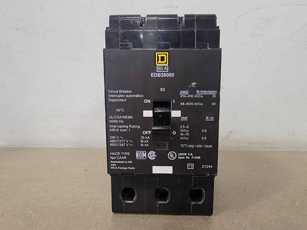 SQUARE D 80 Amp, 3 Pole, 600Y/347 Volt Circuit Breaker EDB36080