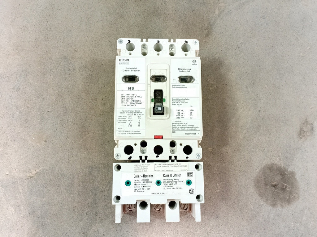 EATON CUTLER-HAMMER 15 Amp, 3 Pole, 600 Volts Circuit Breaker HFD3015S w/ Current Limiter LFD3070R