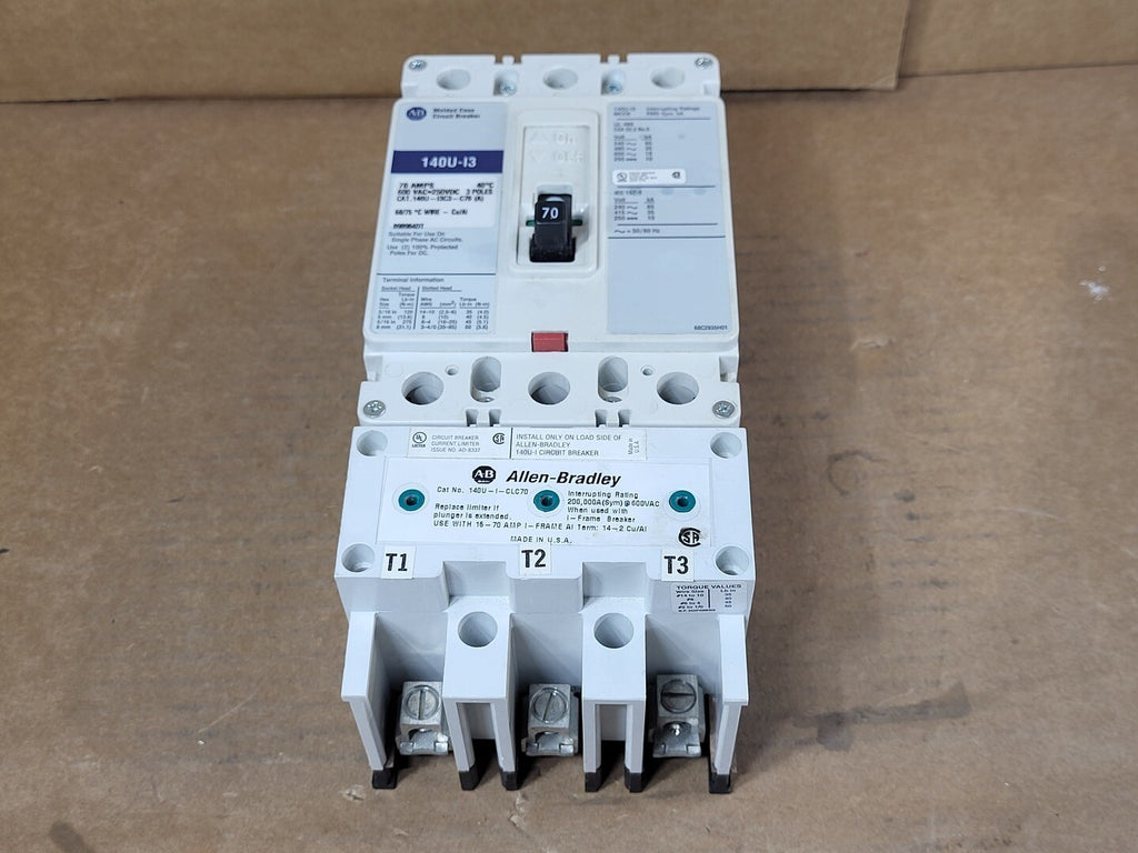 ALLEN-BRADLEY 70 Amp, 3 Poles, 600 Volts Circuit Breaker 140U-I3C3-C70 w/ Limiter 140U-I-CLC70