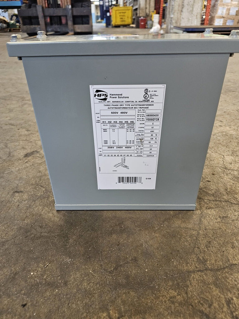 HAMMON POWER SOLUTIONS INC. 6 kVA Transformer 480/600 Pri. Volts, 208/240 Sec. Volts Y006QTCB