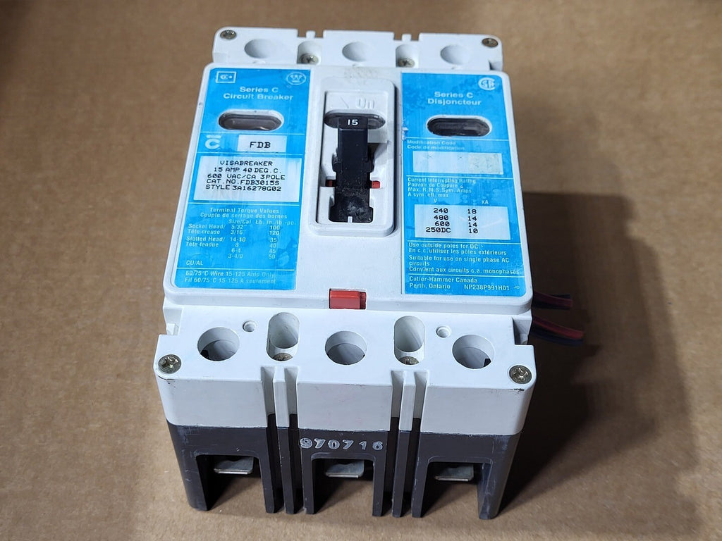 EATON CUTLER-HAMMER 15 Amp, 3 Pole, 600 Volts Circuit Breaker FDB3015S