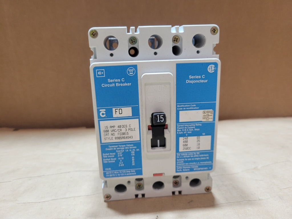CUTLER-HAMMER 15 Amp, 3 Pole, 600 Volts Circuit Breaker FD3015