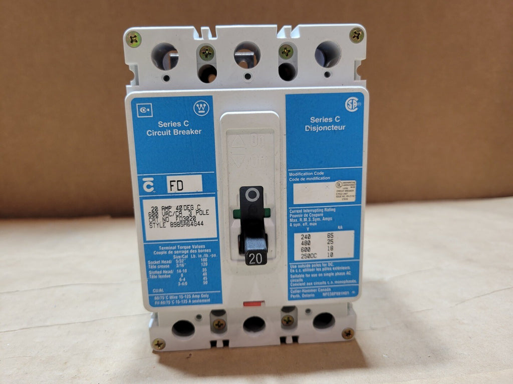 WESTINGHOUSE 20 Amp, 3 Pole, 600 Volts Circuit Breaker FB3020