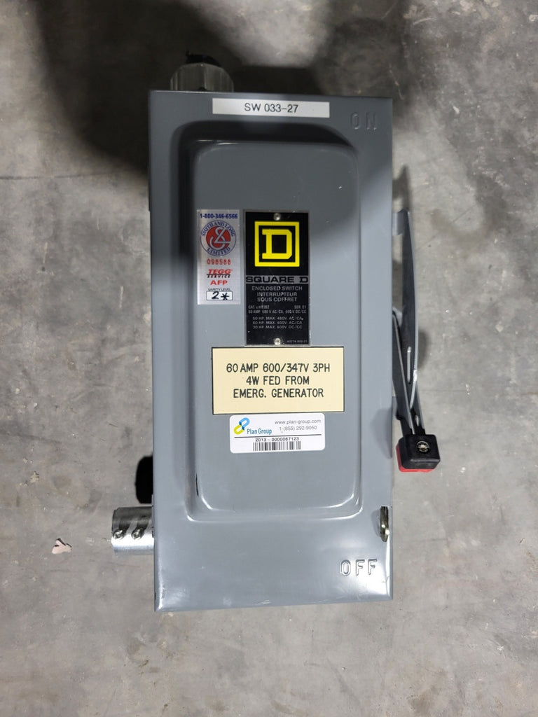 SQUARE D 60 Amp, 600 Volts Non-Fusible Disconnect Switch CHU362