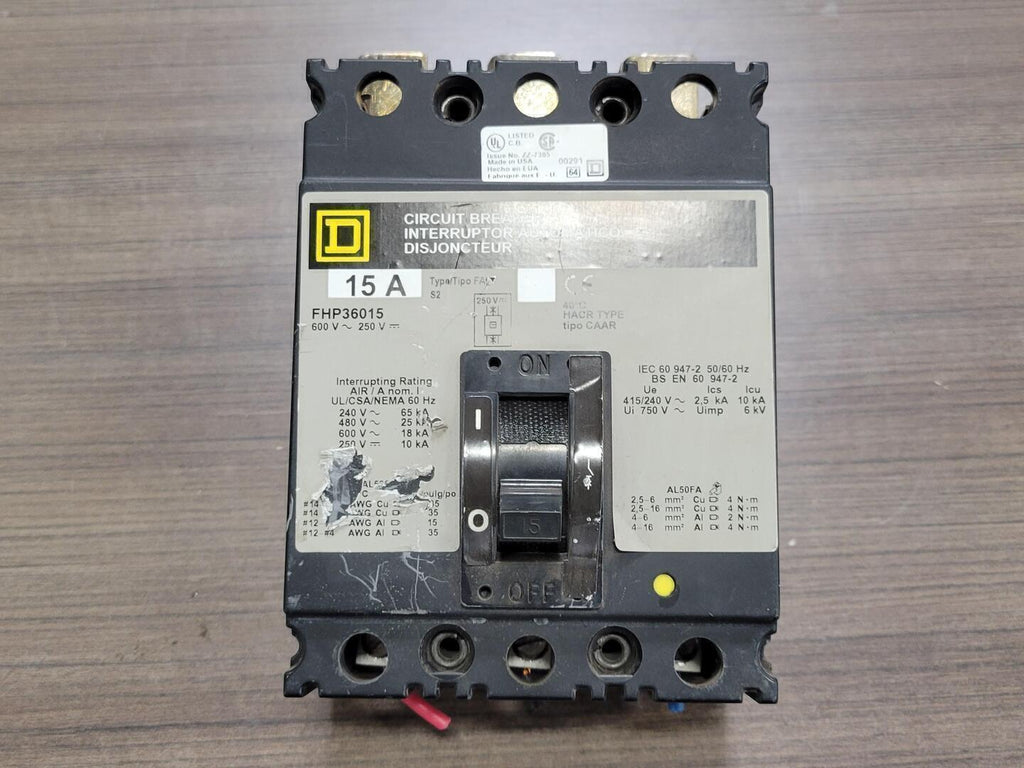 SQUARE D 15 Amp, 3 Pole, 600 Volts Circuit Breaker FHP36015