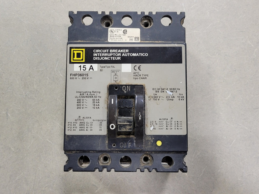 SQUARE D 15 Amp, 3 Pole, 600 Volts Circuit Breaker FHP36015